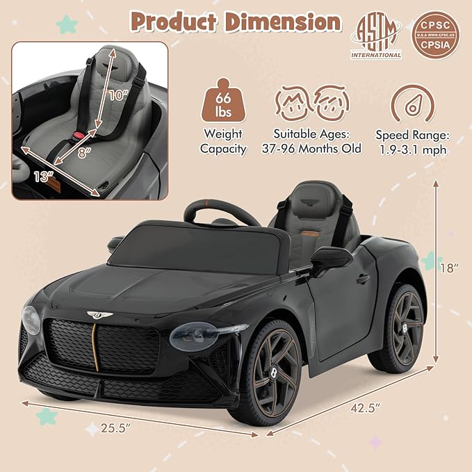 Costzon Ride on Car, 12V Licensed Bentley Bacalar Battery Powered Kids' Electric Vehicles w/Remote Control, Scissor Doors, Wireless Connection, Lights/Sound Effects, Kids Car Toys for Toddlers(Black)