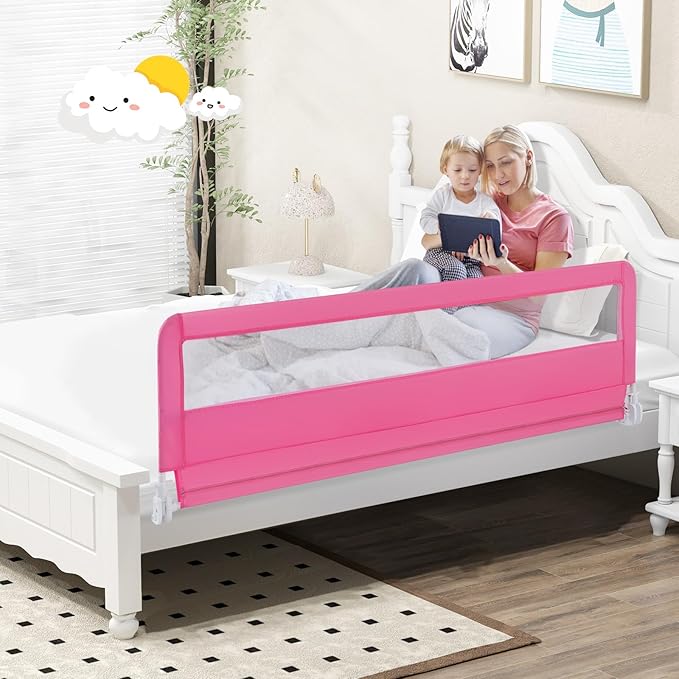 BABY JOY Bed Rails for Toddlers, 71'' Extra Long, Swing Down Bed Guard w/Safety Strap, Folding Baby Bedrail for Kids Twin, Double, Full Size Queen & King Mattress (71-Inch, Pink)