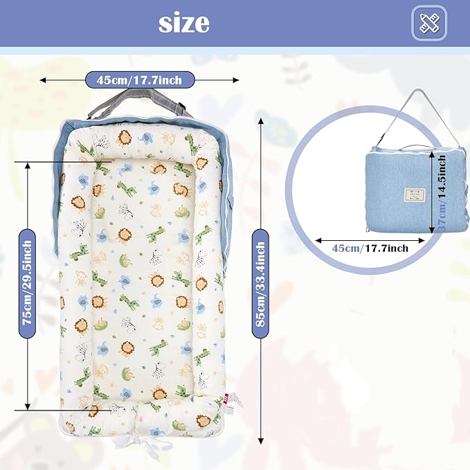 Baby Lounger for Newborn Portable Bag,Baby Nest Play Gym mat with Strap,Newborn Lounger Adjustable Size & Inner Zipper Lengthen Space to 24 Months,Animal World Blue
