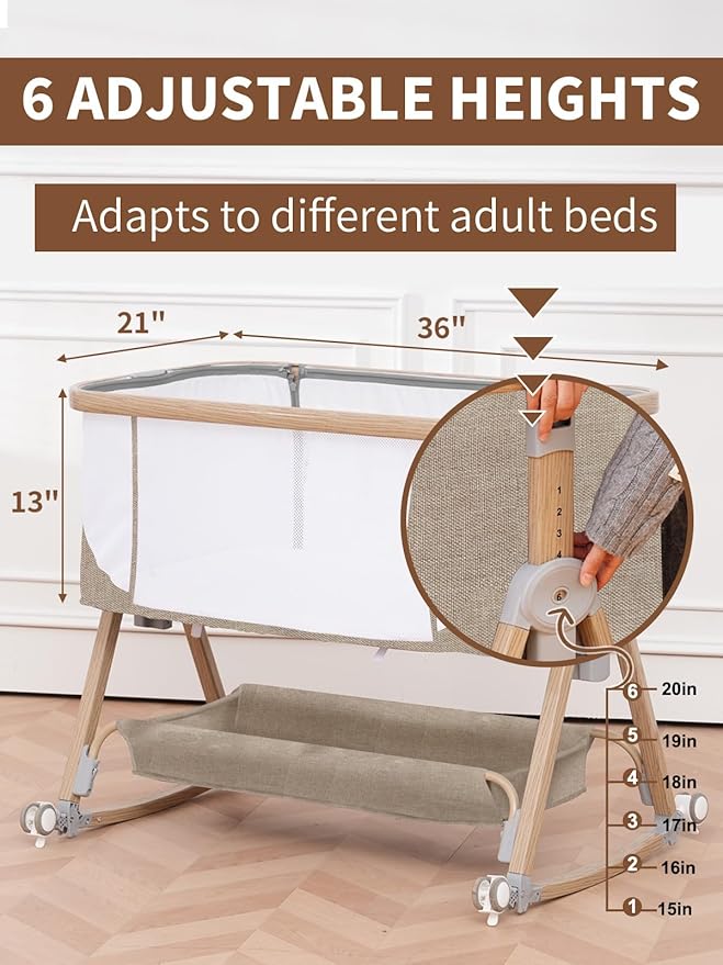 Baby Bassinet, Bassinet Bedside Sleeper with Waterproof Bassinet Sheets and Soft Mattress, Safe Adjustable Height Bedside Bassinets with Wheels, Girl/Boy Bassinets, Khaki