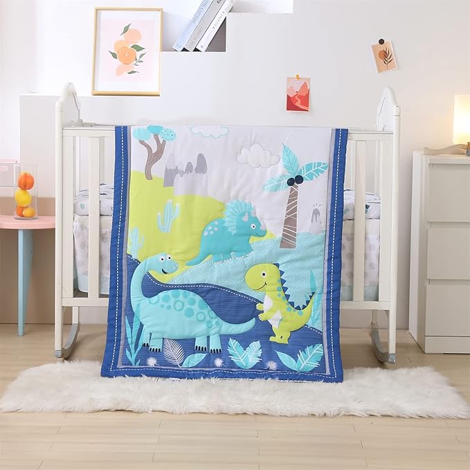 Wowelife Dinosaur Crib Bedding Set for Boys Blue, Premium 3-Piece Baby Bedding Set, Nursery Crib Set, Newborn, Infant & Toddler Nursery Bed Set, Blue Dinosaur