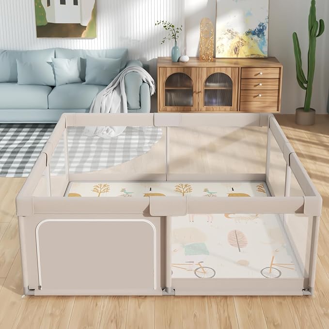 Mloong Baby Playpen with Mat, 59x59 Inches Extra Large Playpen for Babies and Toddlers, Indoor & Outdoor Activity Center, Safety Baby Fence