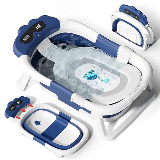 AVIDOR Baby Bathtub,Collapsible Bathtub for Newborn to Toddler,Durable Essential Infant Bath Tub,Portable Travel Baby Tub with Soft Bath Net,No-Slip Feet and Dinosaur Shaped (Navy Blue)