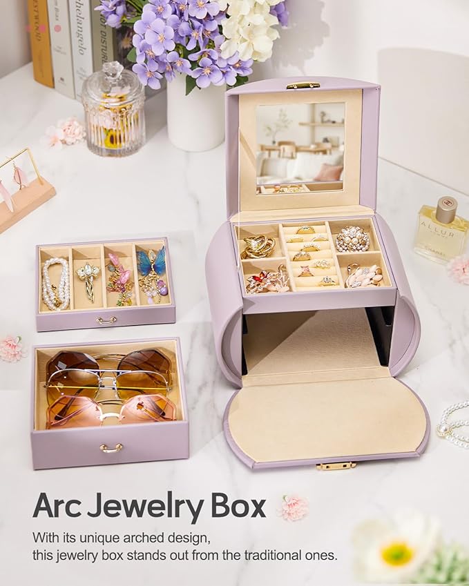 Homde Girls Jewelry Box Jewelry Storage Case Organizer Faux Leather with Mirror for Rings, Earrings, Bracelets, Necklaces (Grey Purple)