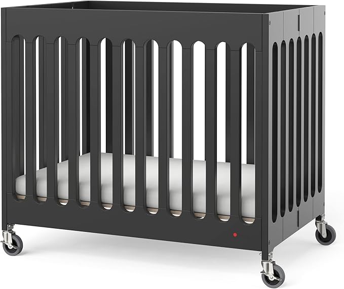 Foundations Boutique Folding Mini Baby Crib - Compact, Portable, Wooden Hotel Crib, Foldable Compact Cribs for Baby & Toddlers - Includes 3" Foam Mattress - Ebony