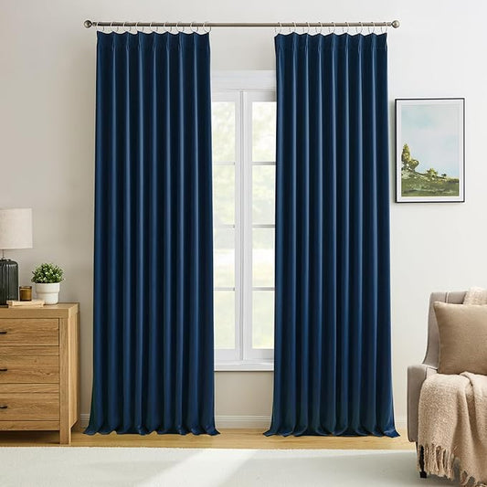 KEQIAOSUOCAI 2 PCs Navy Blue Pleat Wide Drapes for Sliding Glass Door 60 Wide x 90 Inch Long, Privacy Light Block Noise Reduce Insulated Ceiling to Floor for Locker Room Basement Bedroom Closet