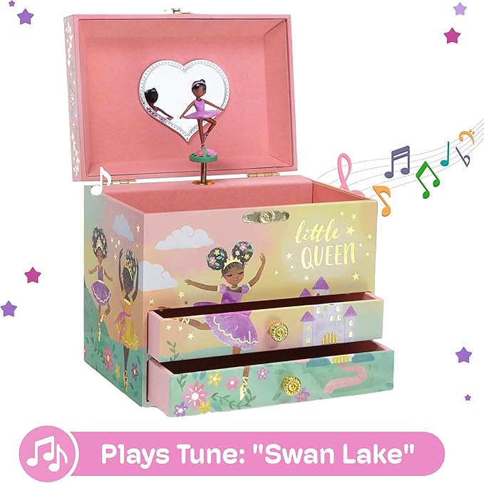 Jewelkeeper Jewelry Box for Girls - 2-Drawer Music Box with Little Queen Ballerina Dancing to Swan Lake, Cute Pink Design, Keepsake Storage for Treasured Accessories - 6.75 x 5.25 x 6 inches