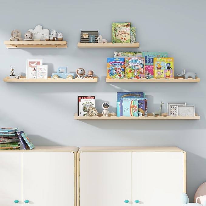 Fun Memories Picture Ledge Shelf for Wall, 48 inch Pine Wood Nursery Book Shelves Set of 2- Wall Book Shelves for Kids Room, Home Decor - Kitchen Spice-Natural