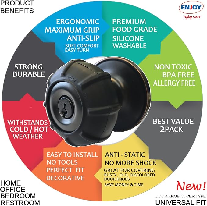 Enjoy Cover - 2 Pack Silicone Door knob Grips Maximum Grip Nonslip Arthritis & Senior Living Aids Grippy Easy Open Fits All Door Knob Universal Size Decorative (Black)