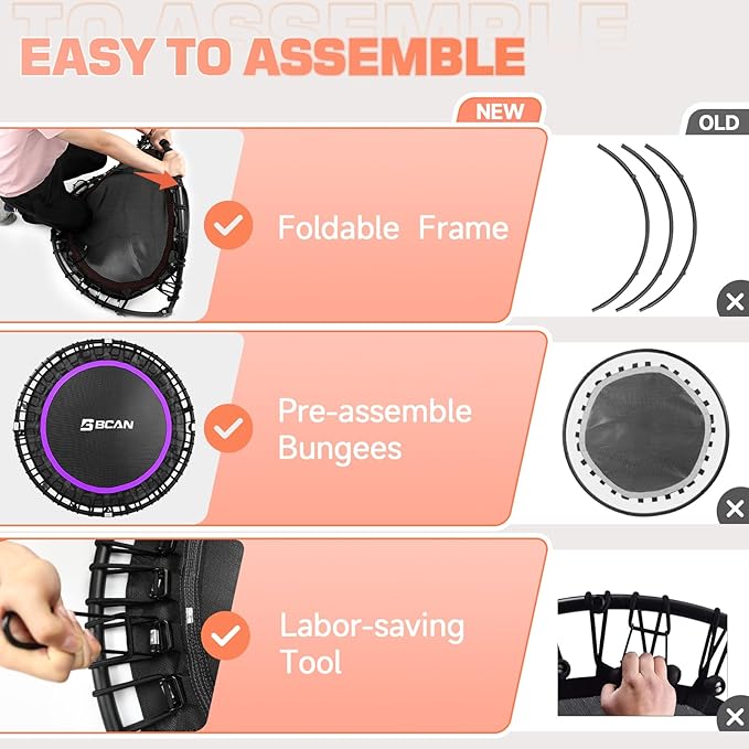 BCAN 40"/48" Mini Rebounder Trampoline for Adults with Bar, 450/550LBS Fitness Trampoline with Bungees, Adjustable Handle, Stable & Quiet, Indoor Outdoor, Whole-Body Workout & Relaxation at Home