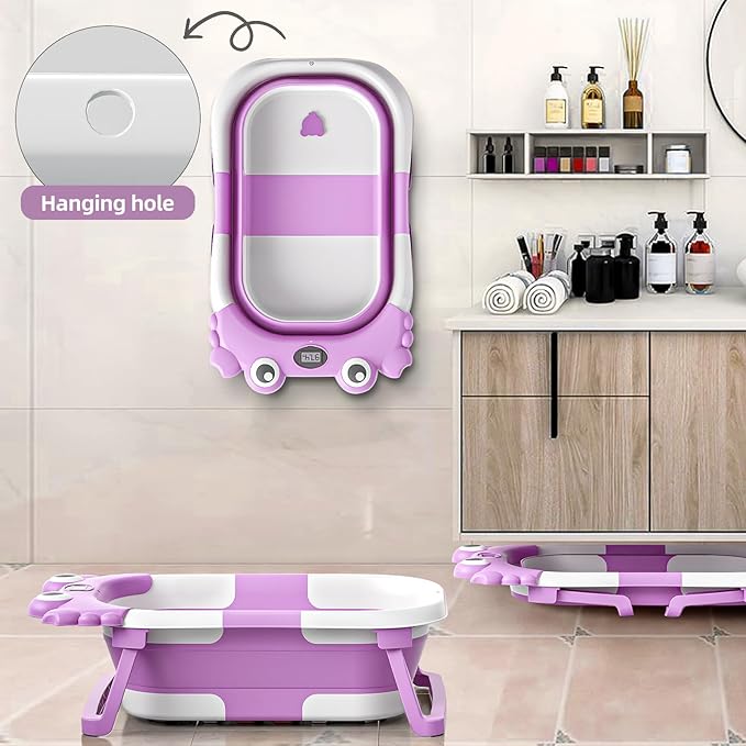 Collapsible Baby Bathtub for Infants to Toddler with Real-time Temp Monitor+Floating Cushion,Foldable Baby Bath Tub Set Applicable 0-36 Month,Portable Travel Bathtub for Newborns Girl (Purple)