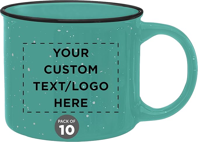 DISCOUNT PROMOS Custom Ceramic Campfire Coffee Mugs 13 oz. Set of 10, Personalized Bulk Pack - Perfect for Tea, Espresso, Cappuccino, Hot Cocoa - Mint