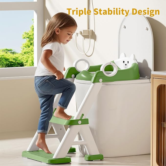 Potty Training Seat,Non Slip Foldable Toilet Training Seat with Soft Cushion, Comfortable HandlesUpgrade Toddler Toilet Seat for Kids Boys Girls,Potty Training Toilet Seat with Step Stool Ladder,Green