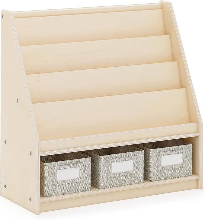 Guidecraft EdQ Book and Bin Display Natural with 3 Fabric Storage Bins: Wooden Multi-Purpose Bookcases and Toy Storage Organizer; Homeschool and Classroom Furniture