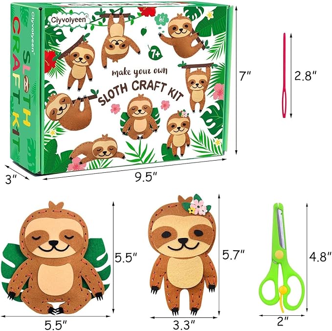 CiyvoLyeen Sloth Sewing Craft Kit Jungle Animal DIY Craft Sewing Kit for Girls and Boys Educational Sewing Kits for Kids Age 8 9 10 11 12 Craft Kit Includes 8 Projects