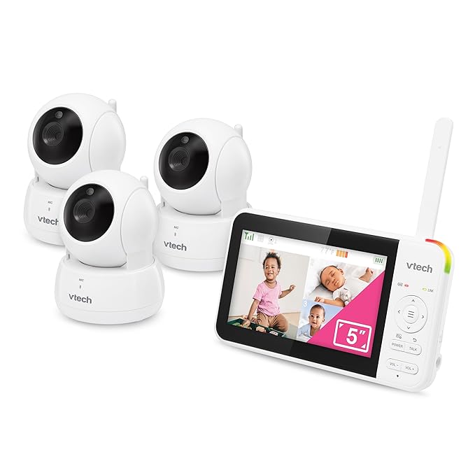 VTech Video Baby Monitor with 3 Cameras, 5" LCD Screen, Up to 17Hrs Video & 31Hrs Audio Battery Life, Night Vision, 1000ft Range, Pan-Tilt-Zoom, Lullabies, Soothing Sounds, Temperature Sensor, VM924-3