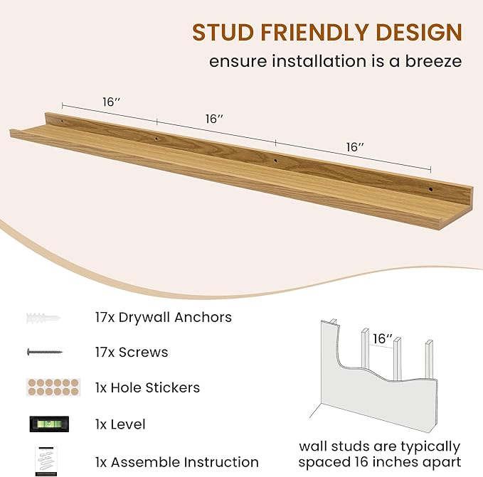 Axeman Picture Ledge Shelf, Floating Shelves for Wall Decor Storage Set of 6, 55 inch Floating Wall Mounted Shelves, Shelves with Lip for Living Room, Bedroom, Nursery, Bathroom, Kitchen, Oak