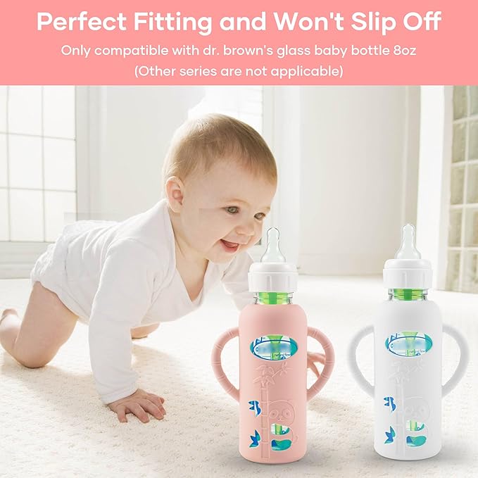 2 Pack Silicone Sleeves for Dr. Brown's Glass Baby Bottles, Anti Breakage Durable Baby Bottle Holder with Easy Grip Handles, Narrow Sleeve with a Cutout, Dishwasher/Freezer/Microwave Safe, 8 oz