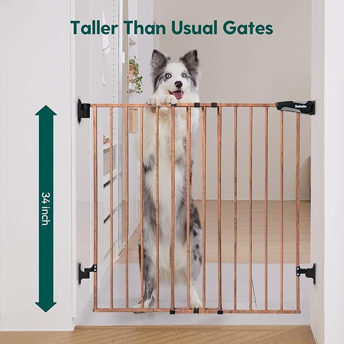Babelio 34" Extra Tall Baby/Dog Gate with No Threshold Design Walk Thru Door, 26-43" Auto Close Safety Gate for Babies, Elders and Pets, Fits Doorways, Stairs, and Entryways, Brown Wood Pattern