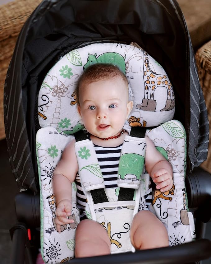 Infant Car Seat Insert, Enlarged Head Support for Baby Carseat, Reversible Newborn Insert with 3 Strap Covers, 2-in-1 Baby Car Seat Cushion for Stroller, Swing, Bouncer, Rocker - Blue Giraffe