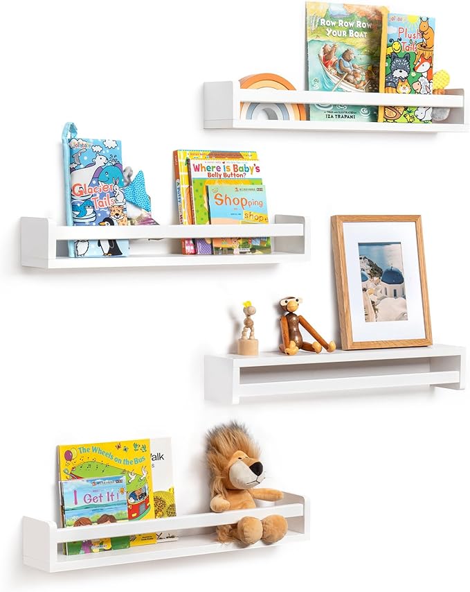 Fun Memories Nursery Book Shelves - Rustic Natural Solid Wood Floating Bookshelf for Kids - Wall Book Shelves for Kids Room (White, 24inch - 4P)