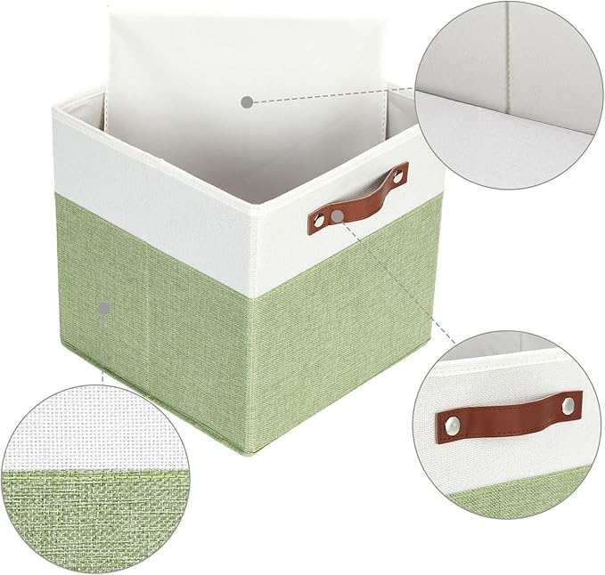 HNZIGE Fabric 11x11 Cube Storage Bins, Set of 4, Foldable Storage Cube Bin Baskets for Shelves with Handles, Bins for Cube Organizer Home Toy Nursery Closet(Green White)