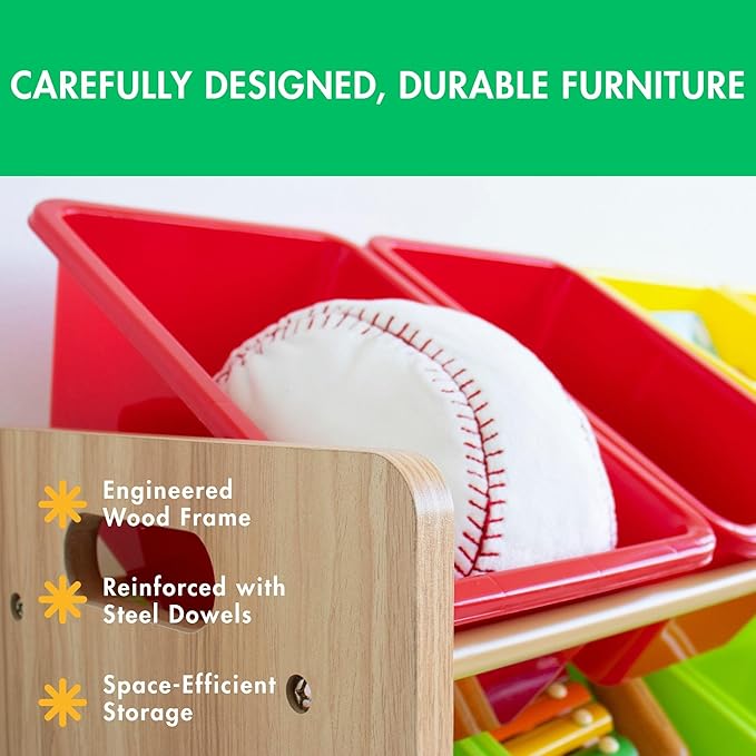 Humble Crew Kids Toy Storage Organizer with 12 Plastic Bins, Natural Wood/Rainbow – Removable Bins for Playroom, Bedroom, Toddler Furniture for Boys and Girls Ages
