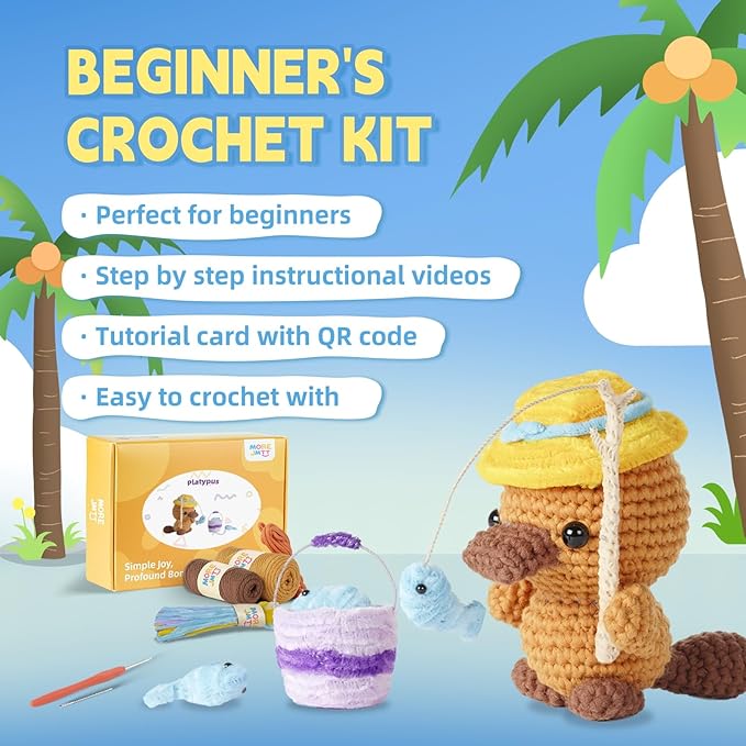 MOREJMTT Crochet Kit for Beginners Animal,Crochet Animal Kits,Crocheting Kit for Starters,Learn to Crochet with Step-by-Step Video Tutorials,Beginner Crochet Kits for Adults(Platypus)