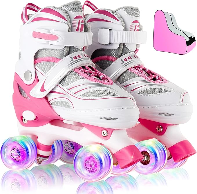Adjustable 4 Size Kids Roller Skates With Light up Wheels for Girls Ages 5-8-12, Safe and Fun Illuminating Skates for Kids, Toddlers, Boys