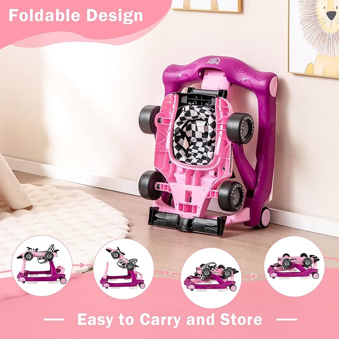 BABY JOY 4-in-1 Baby Walker, Foldable Activity Walker with Adjustable Height & Speed, Music, Lights, Steering Wheel, Comfy Seat Cushion, Activity Baby Push Walker for Boys Girls Aged 6 –18 (Purple)