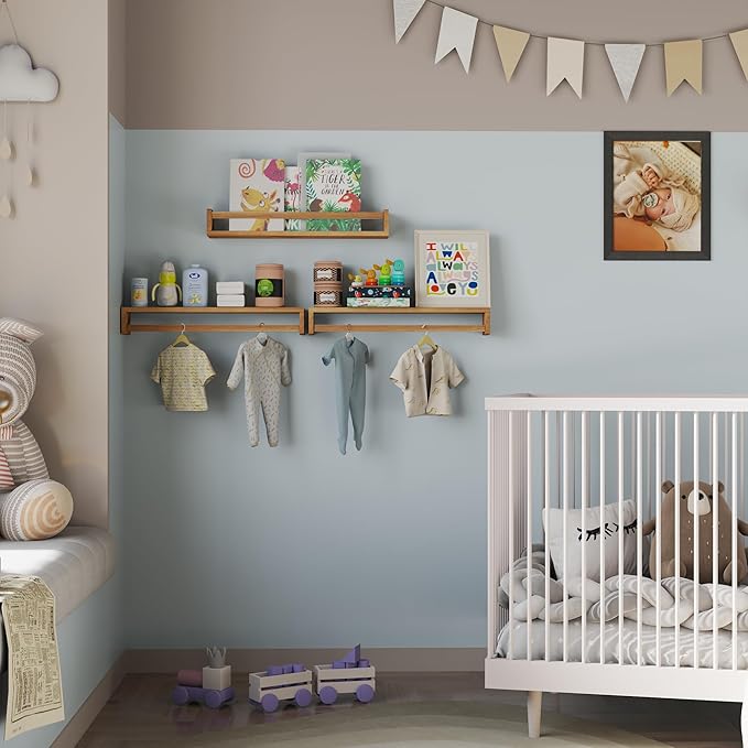 Heimlove 24 Inch Nursery Floating Shelves, Nursery Book Shelves for Wall, Wall Bookshelf for Kids Solid Wood Wall Mounted Shelves for Books,Toys and Decor Storage, Set of 2