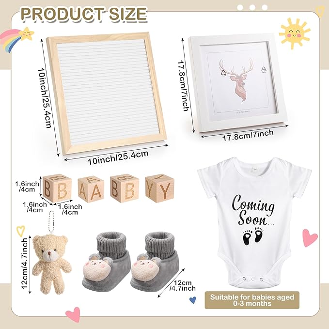 9 Pcs Pregnancy Announcement Set Pregnancy Reveal Ideas Felt Letter Board Baby Bodysuit Baby Booties Photo Frame Bear Plush Baby Wood Blocks for Coming Soon Baby Announcement (White,Bright)