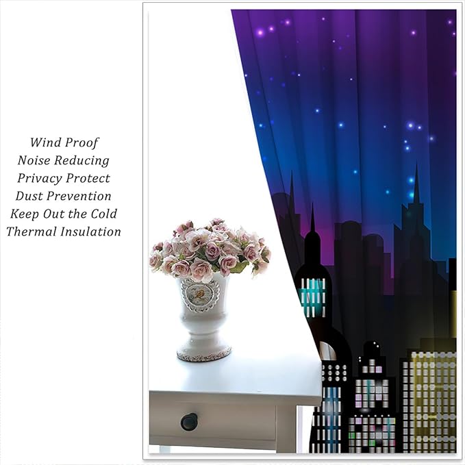 Superhero Rod Pocket Blackout Curtains for Boy Girl Bedroom, Super City Skyline Buildings Night Panorama Thermal Insulated Home Window Drapes for Living Room Darkening, 84x72 inch