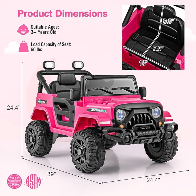 Costzon 12V Kids Ride on Truck Car, Electric Vehicle w/Remote Control, Threaded Wheels, 3 Speeds, LED Lights, Music, Horn & Wireless Connection, Battery Powered Ride on Toy for Boys & Girls 3+ (Pink)