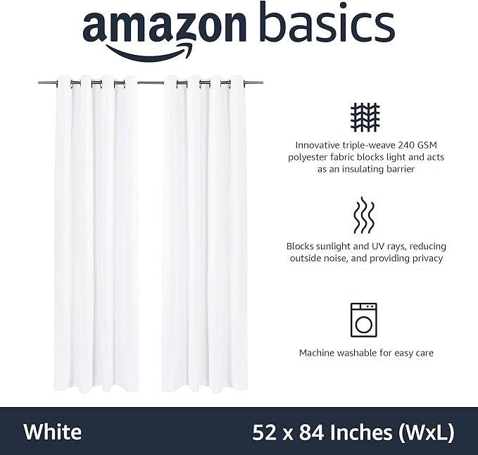 Amazon Basics Room Darkening Blackout Window Curtains 2 Panels with Grommets, for Living Room and Bedroom, 52 x 84 inches, White