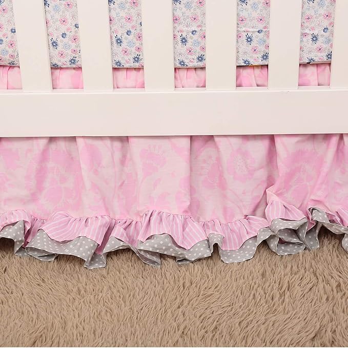 7 PCs Pink Embroidery Butterfly Nursery Crib Bedding Set 100% Cotton Baby Girl 3D Butterfly Themed Cot Bedding Set 1 Quilt, 2 Fitted Sheet, 1 Window Valance, 3 Butterfly Shaped Wall Decor