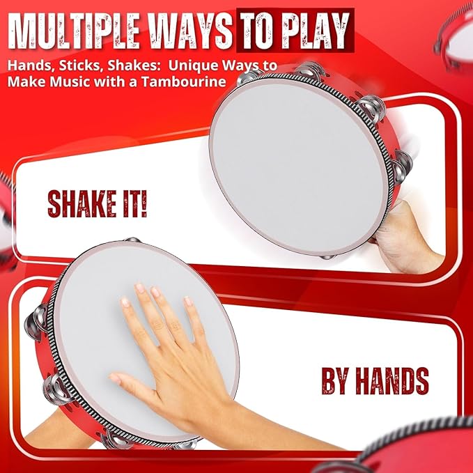 Flexzion Wood Handheld Tambourine for Kids - 8 & 6 Inch Set of 2 Pack, Double Row 12 Pair Metal Jingles, Percussion Drum Moon Musical Instrument (Red)
