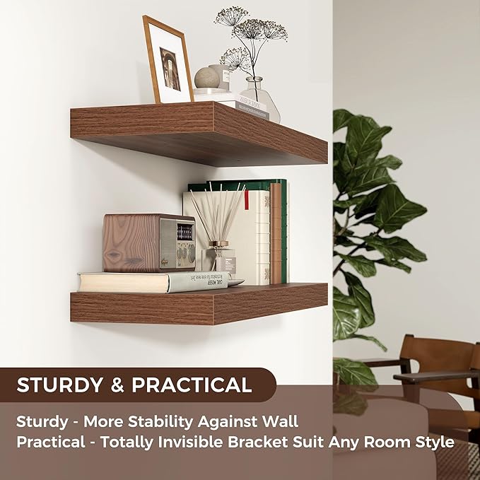 Floating Shelves - 2 Large Wall Mounted Shelves with Invisible Brackets, Long Wood Floating Wall Shelf for Living Room, Bedroom, Kitchen (Walnut, 24" W x 9" D x 1.5" H)