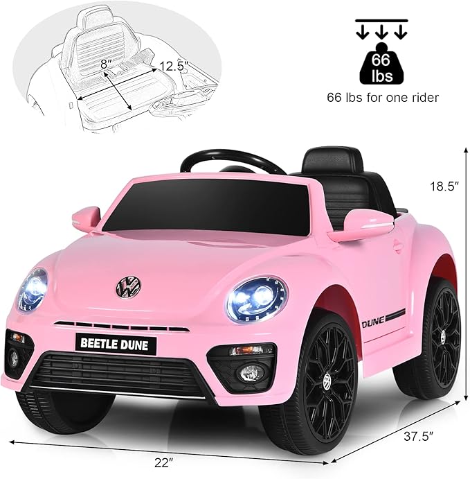 Costzon Ride on Car, 12V Licensed Volkswagen Beetle Battery Powered Vehicle w/Remote Control, Spring Suspension, Lights, USB, Horn, Music, 4 Wheeler for Boy Girl Gift, Electric Car for Kids, Pink