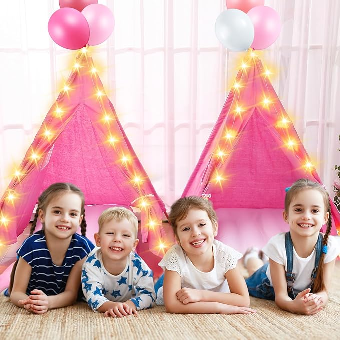 6 Pack Sleepovers Teepee Tent for Kids Bulk with Mattress Sheet Light,Natural Cotton Washable Indoor Play Tent for Birthday Slumber Party Girls Boys Pajama Movie Night Supplies(Rose Red)