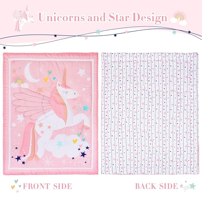 Cloele Pink Crib Bedding Set for Girls- 4 Piece Unicorns Baby Comforter Bed Set Includes Crib Skirt Quilt Fitted Sheet Toddler Pillowcase - Pink Soft Nursery Baby Bedding Set for Girls