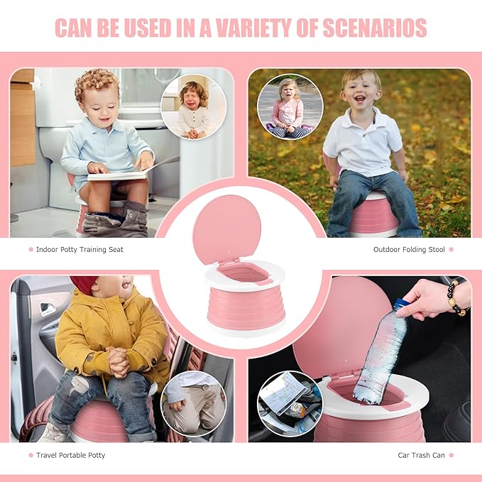 Travel Potty for Toddler Training - Foldable Seat for Boys & Girls - Portable Car Potty for Camping & Park (Pink)