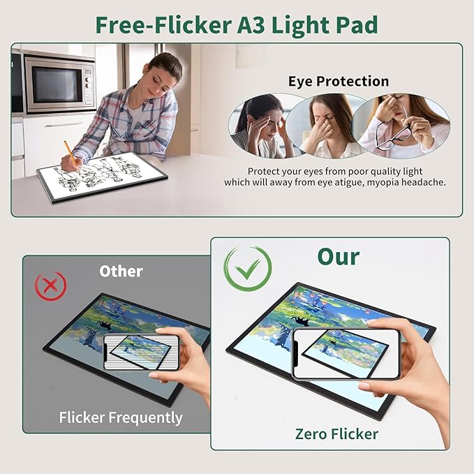 HIUKCOLED A3 Built-in Tilt Stand Light Tracing Box with Carry Bag, 3 Colors/Stepless Dimmable/6-level Brightness Adjustable, Battery Powered LED Light Board for Drawing,Diamond Painting,Sketching