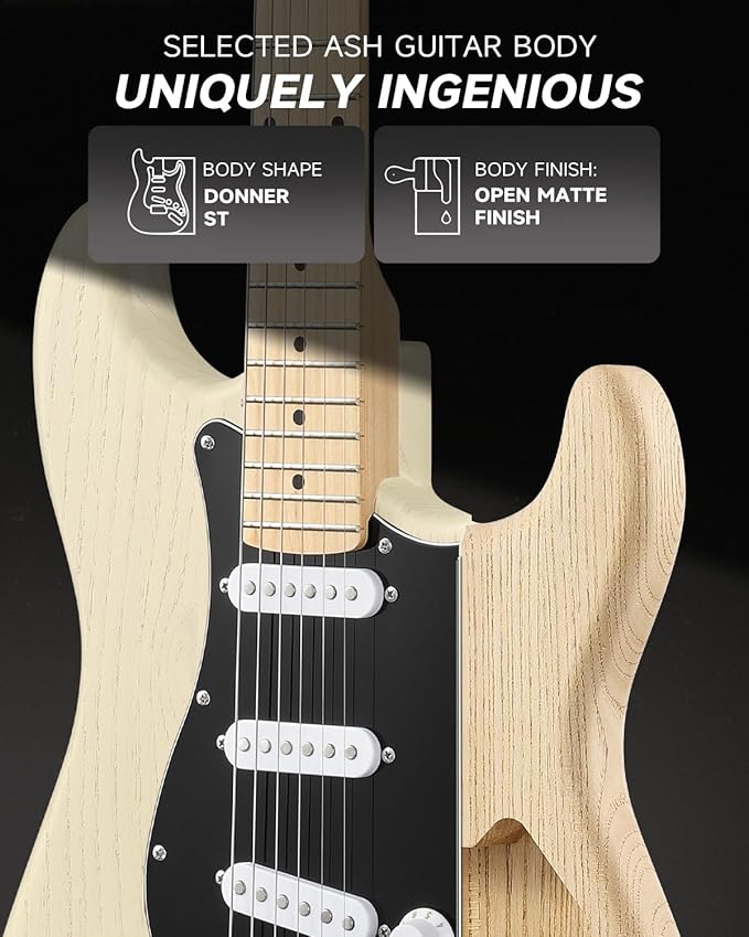 DONNER DST-80 Electric Guitar 39” Beginner Electric Guitar Kit with Amp, Classic SSS Pickup Complete with Gig Bag, Tuner, Capo, Strap, Picks, and Free Online Lessons, Bone White