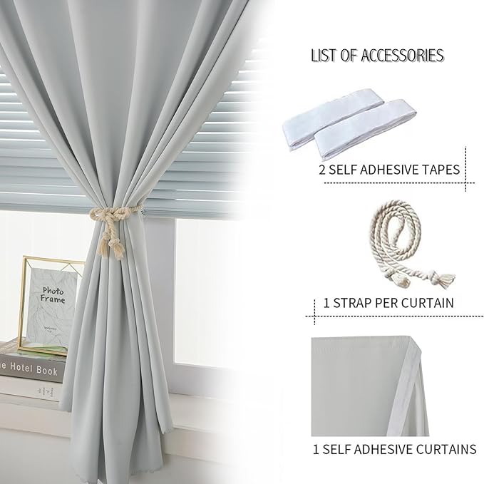 self Adhesive Curtains Portable Blackout Curtain Simple and Easy to Install Bedroom Window Thermal Lnsulated Kitchen Room Darkening Black Small Drapes, 47" W X 71" L, White, 1 Panel