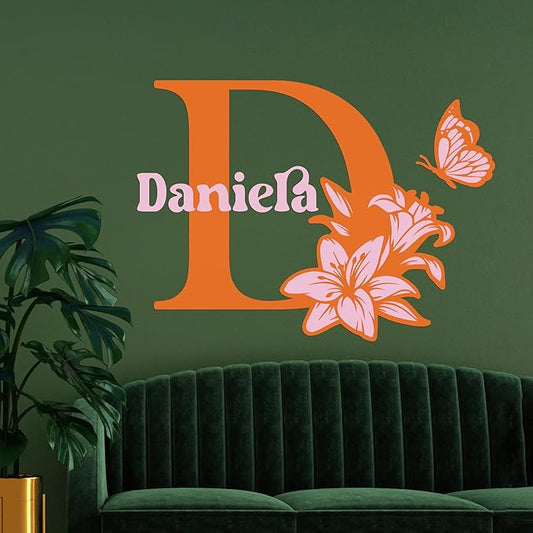 CRYPTONITE Custom Name & Initial with Lily and Butterfly I Flower Wall Decals for Bedroom Decor | Custom Decal for Girl Bedroom Decor I Pink Room Decor for Little Girl Room Decor (B. Flower)