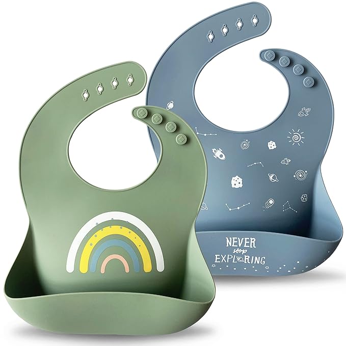 Moonkie Silicone Baby Bibs Set Of 2 | BPA Free Waterproof | Soft Flexible Adjustable Silicone Bibs for Babies & Toddlers(Tradewinds/Sage)