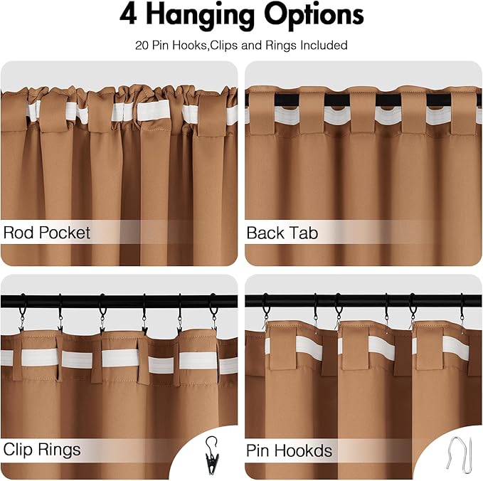 ANRODUO Back Tab Blackout Curtains for Bedroom Living Room, Rod Pocket Pinch Pleated Thermal Insulated Room Darkening Curtains 63 Inches Long 2 Panels, Brown, 42 x 63 Inch
