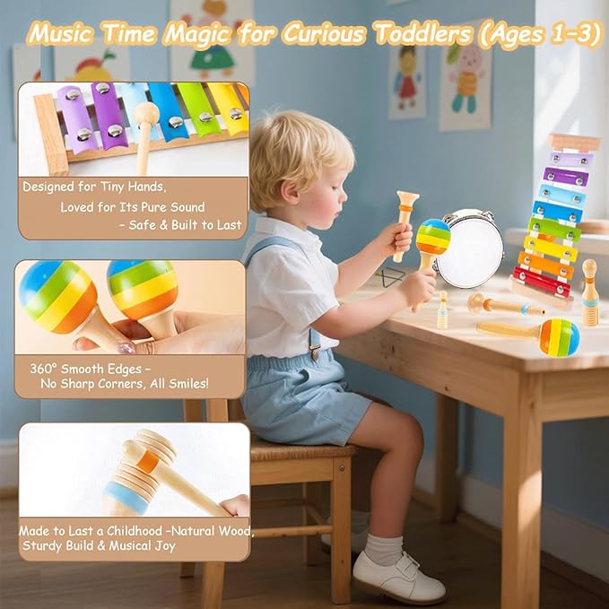 Montessori Toys for 1 2 Year Old,Musical Instruments for Toddlers 1-3 ,Baby Wooden Toy Set,Educational Music Toys Stocking Stuffers for Boys Girls Age 1 2 3 Year Old