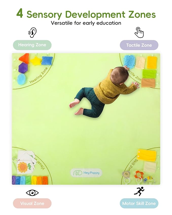 Baby Play Mat, 50''x50'' Playpen Mats with 4 Sensory Development Zones for Motor Skills, Unique Crawling Mats with Non-Slip Cushioned That Fits Nicely into Any Playroom, Green